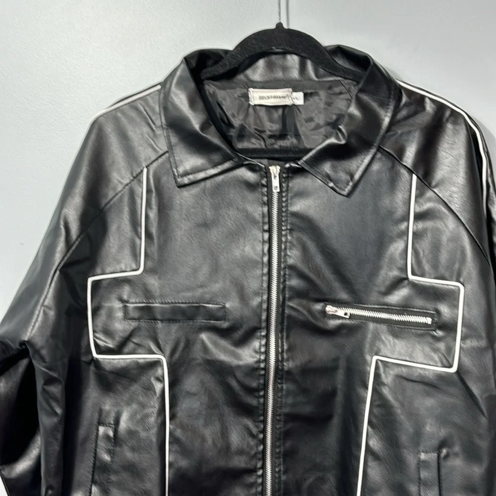 Jiechaofang Black with White Piping Faux Leather Jacket in Size‎ XL